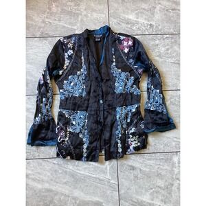 Citron Santa Monica Silk Blend Asian Floral Medallion Print Button Jacket Small